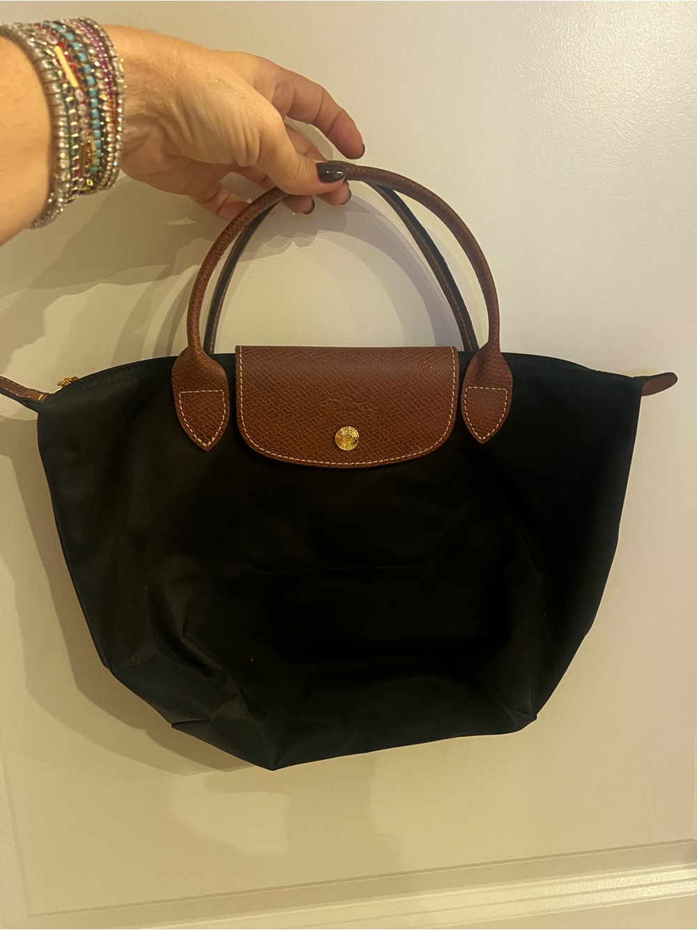 Longchamp Black Tote with Brown Leather Trim